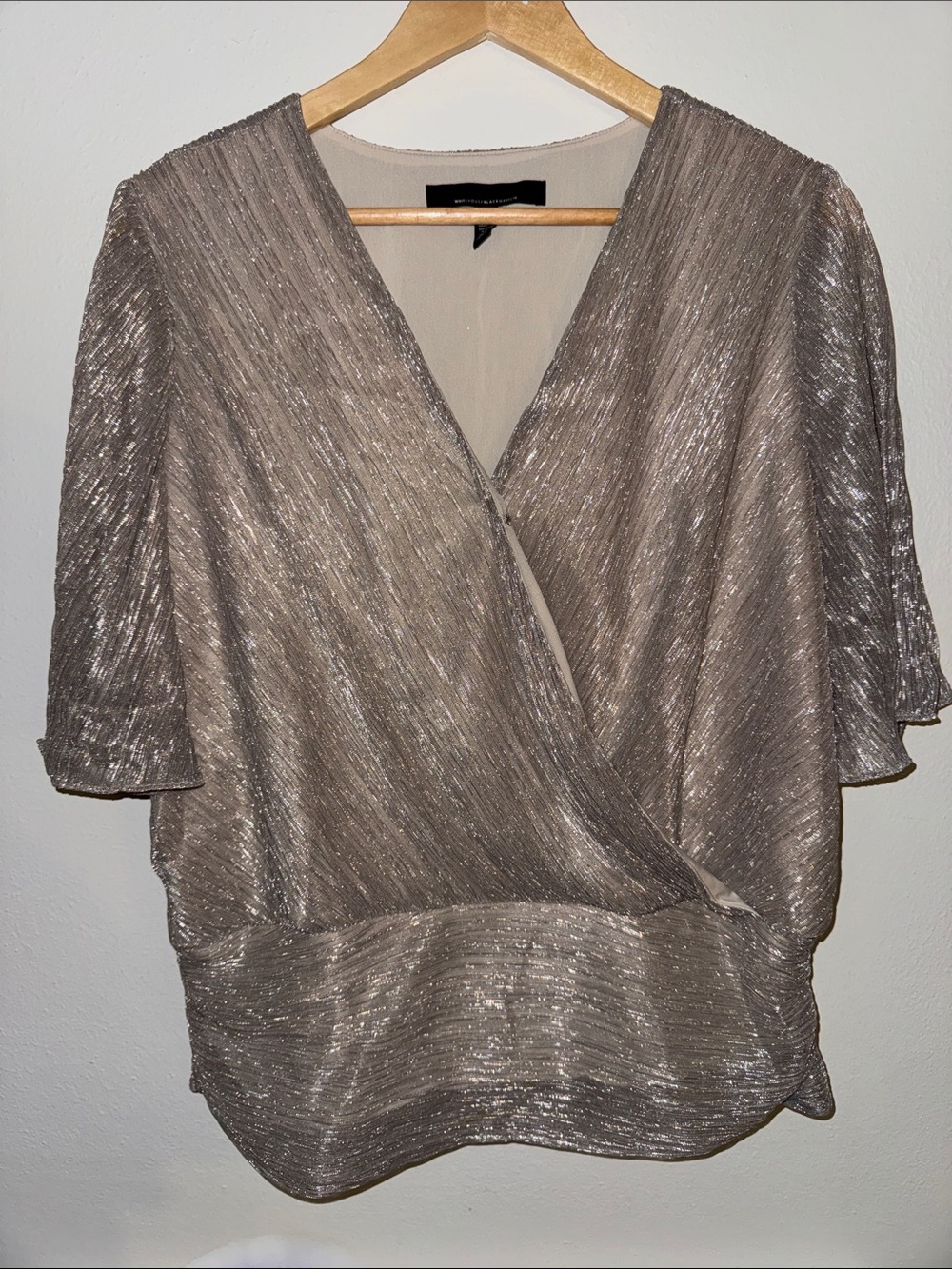 White House Black Market Metallic Taupe Wrap Blouse